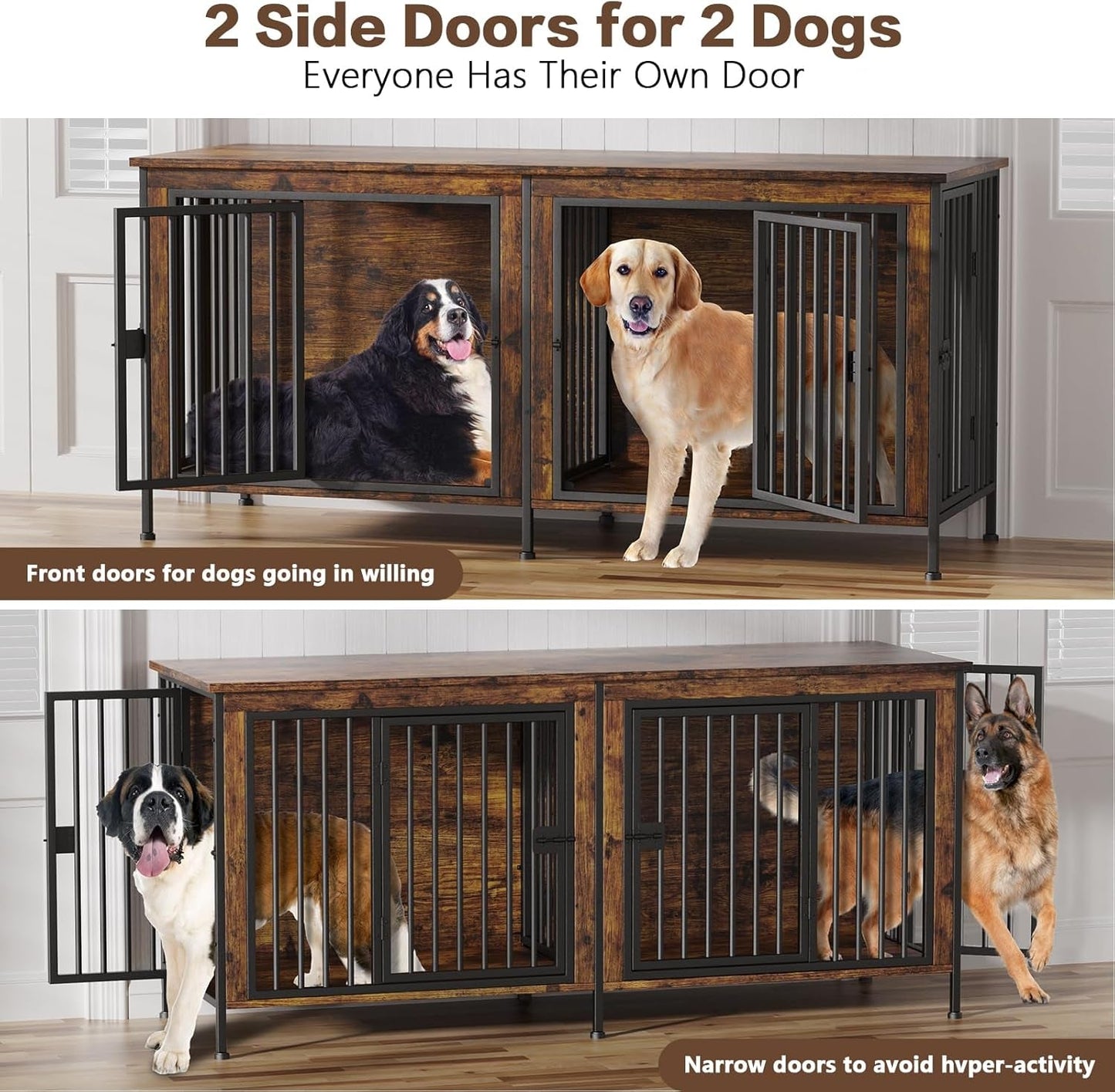 78" XXL Dog Crate Furniture for 2 Large Dogs – Double Kennel with Divider, Wooden TV Stand Style Dog Cage with Doors & Storage (Rustic Brown) - Paw Fit Gears